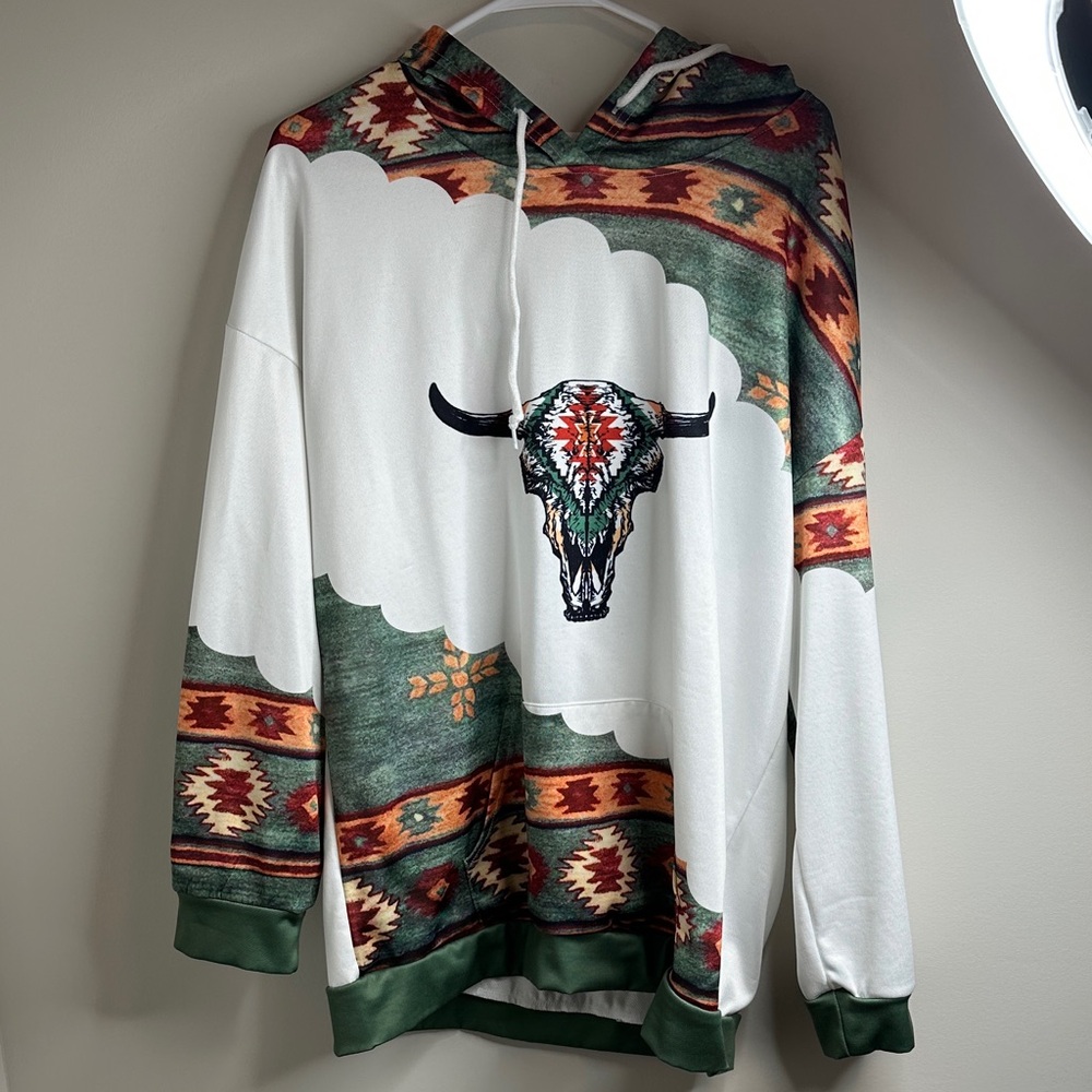 Tribal Print Hoodie with Bull Skull Design